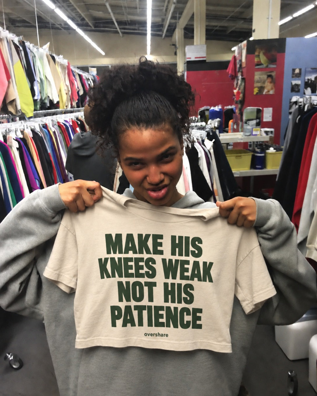 MAKE HIS KNEES WEAK NOT HIS PATIENCE crop tee, worn