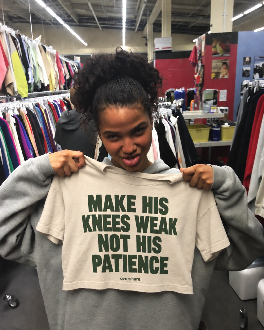 MAKE HIS KNEES WEAK NOT HIS PATIENCE crop tee, worn