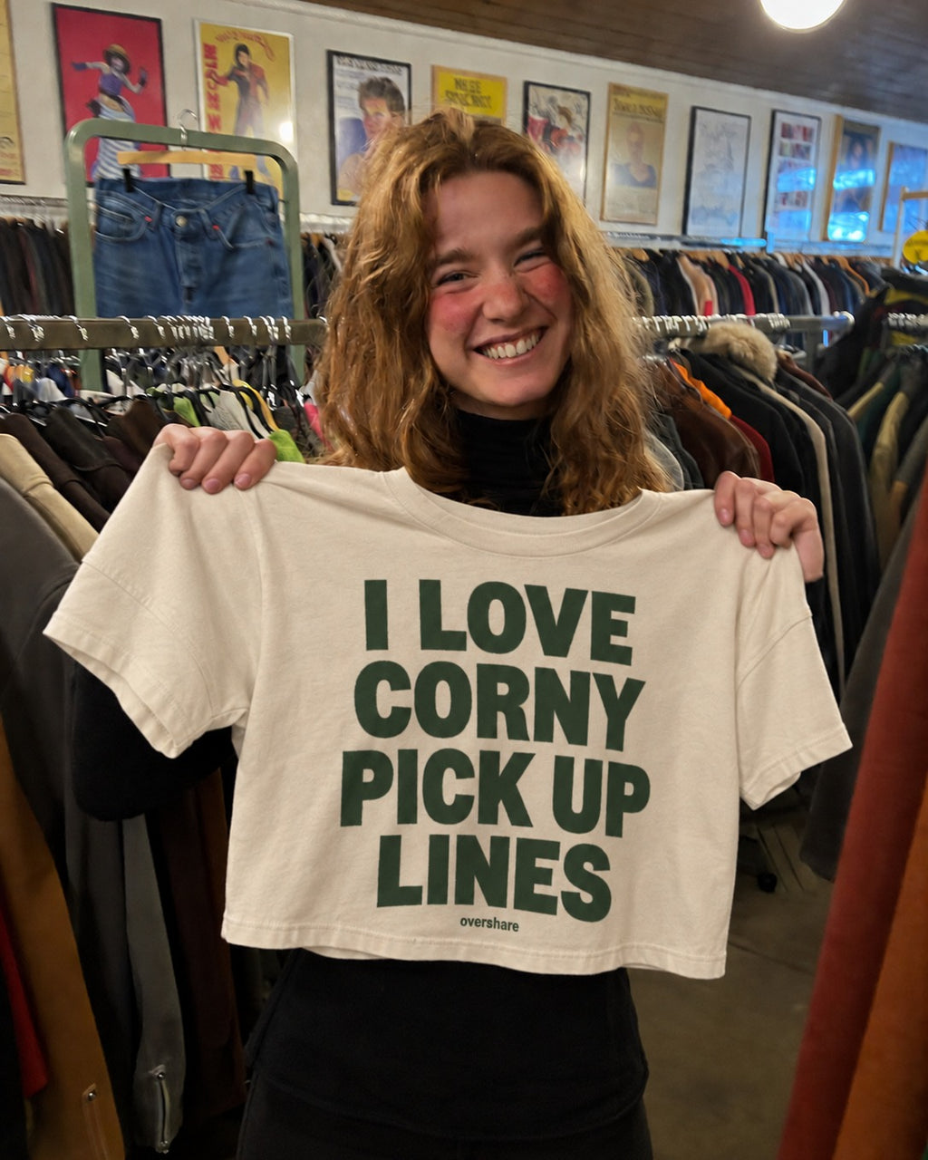 I LOVE CORNY PICK UP LINES crop tee, worn