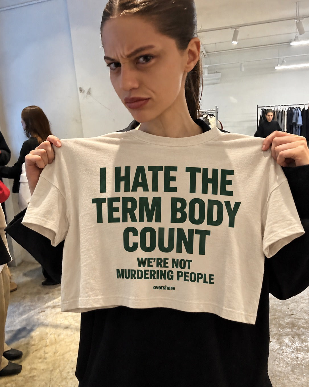 I HATE THE TERM BODY COUNT crop tee, worn